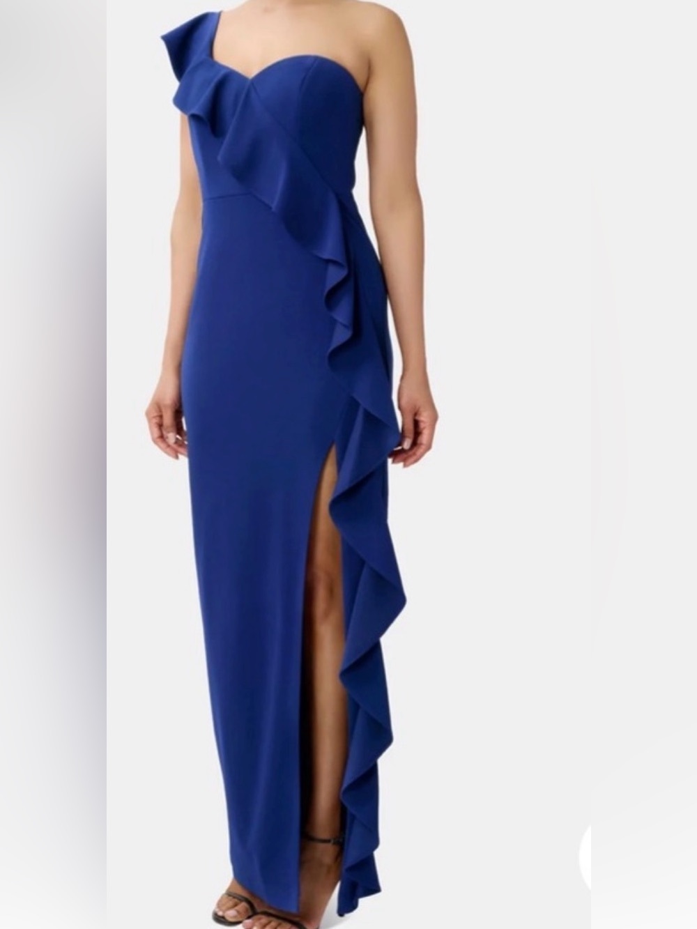 Aidan Mattox Flounce Knit Column Dress 1 Shoulder 8 Navy
